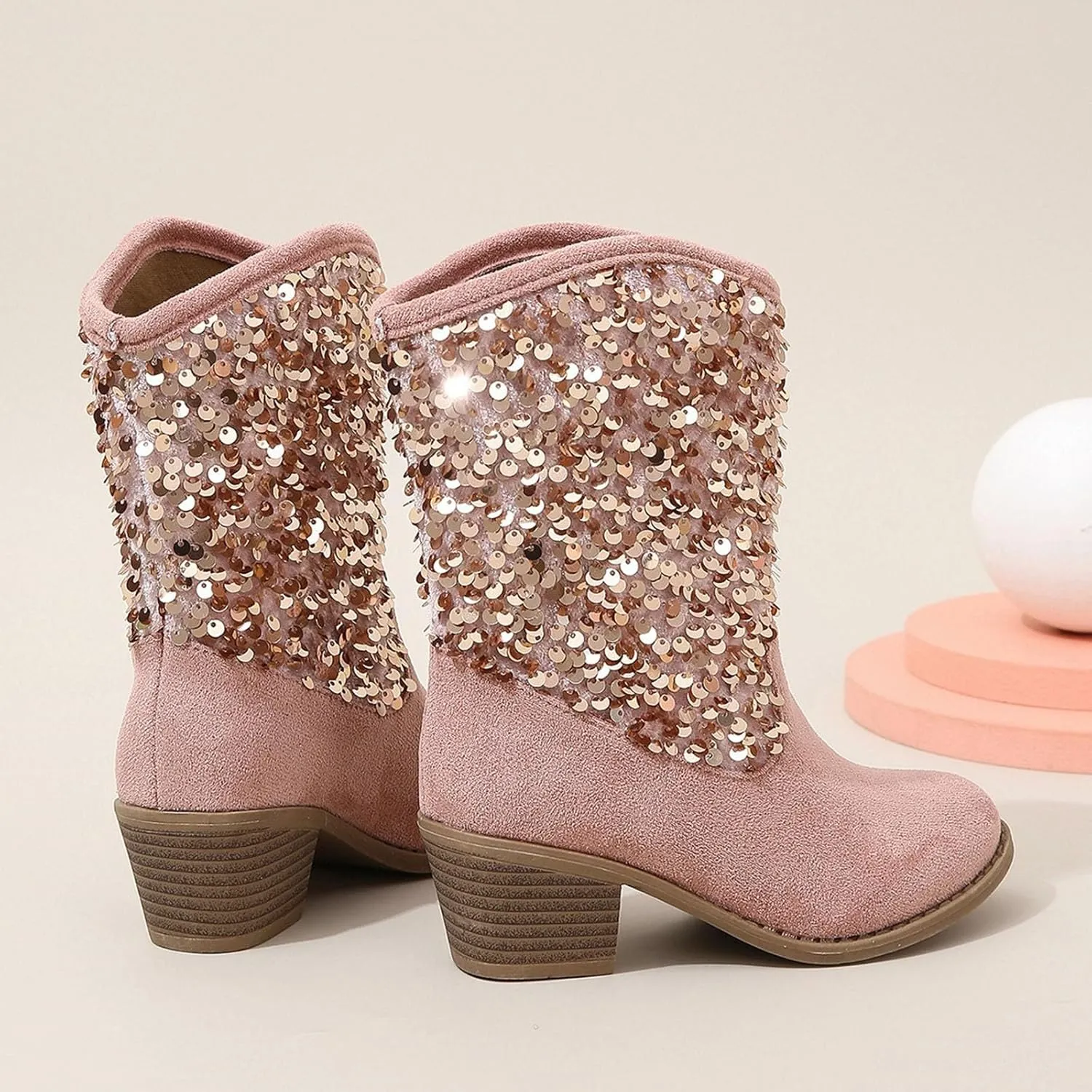 Kids Cowboy Boots Girls Fashion Glitter Mid Calf Western Cowgirl Boots Casual Sparkly Sequins Tassel Riding Shoes