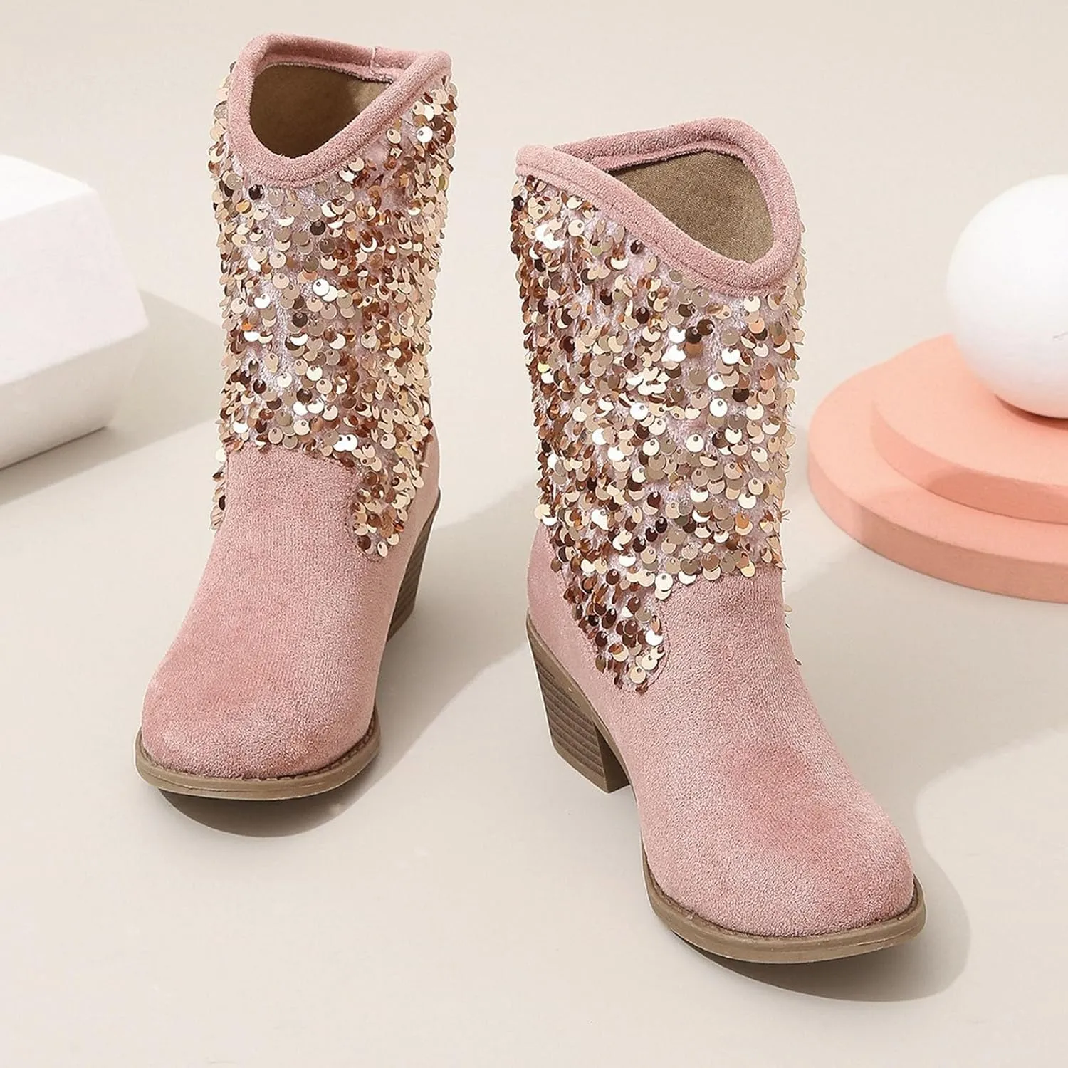 Kids Cowboy Boots Girls Fashion Glitter Mid Calf Western Cowgirl Boots Casual Sparkly Sequins Tassel Riding Shoes