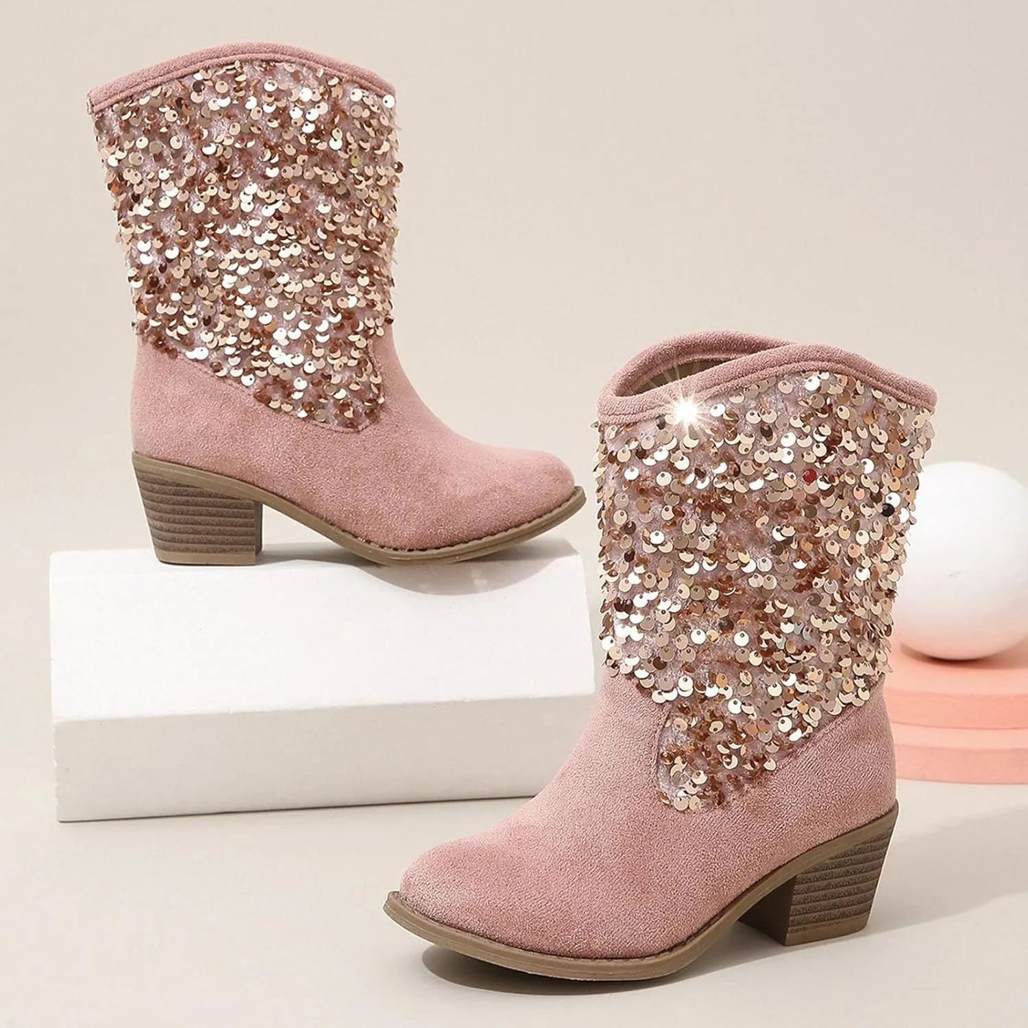 Kids Cowboy Boots Girls Fashion Glitter Mid Calf Western Cowgirl Boots Casual Sparkly Sequins Tassel Riding Shoes