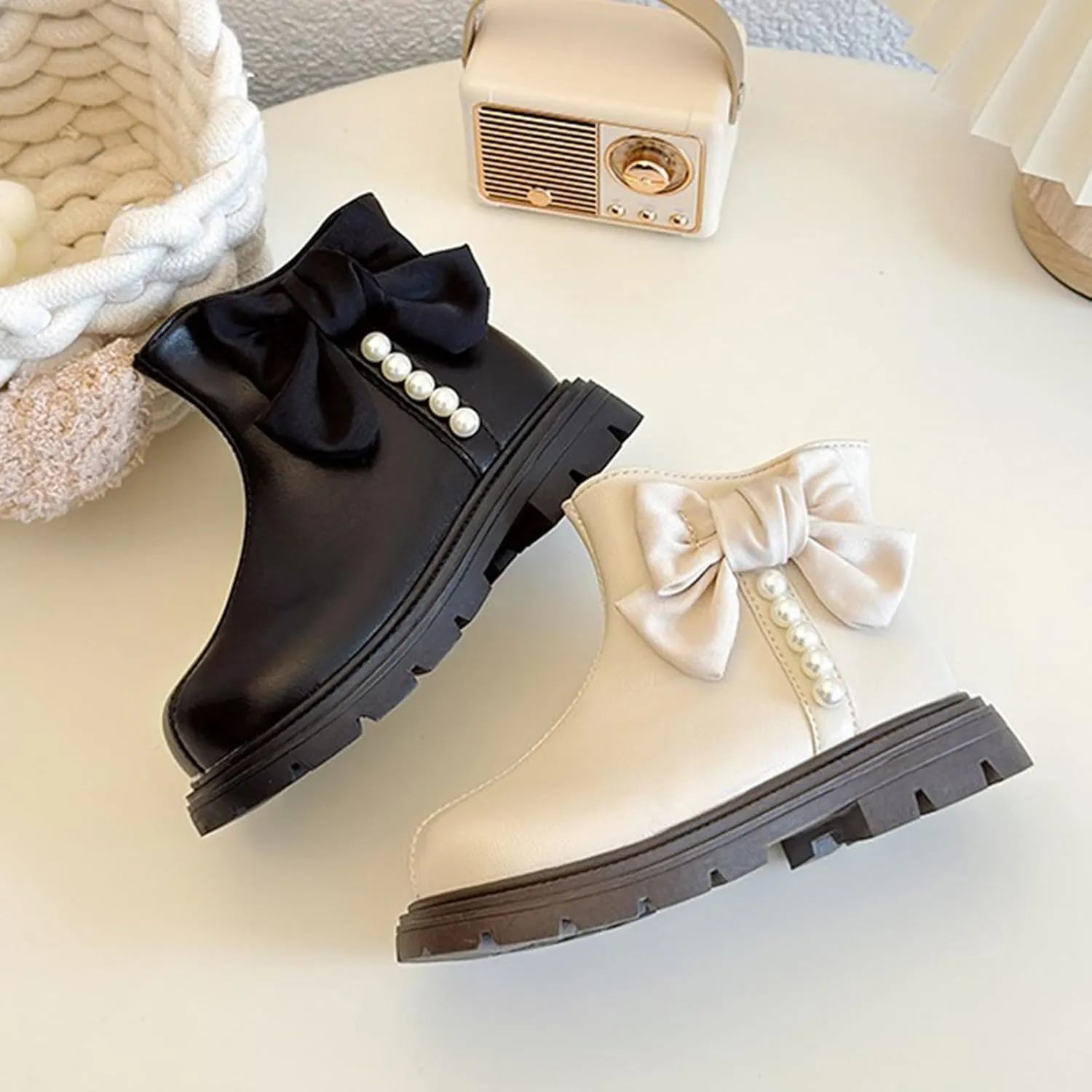 Kids Girls Pearl Bowknot Princess Dress Boots Soft Sole Anti Slip Fashion Cute Birthday Wedding Shoes with Zipper