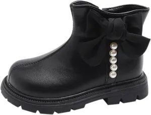 Kids Girls Pearl Bowknot Princess Dress Boots Soft Sole Anti Slip Fashion Cute Birthday Wedding Shoes with Zipper