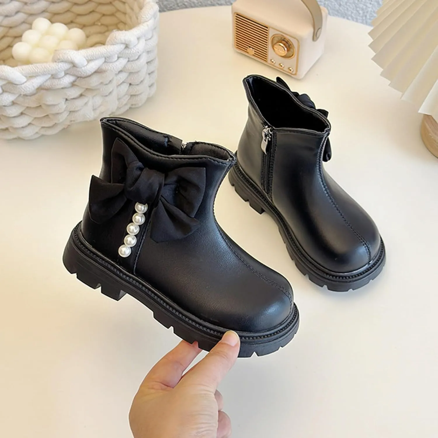 Kids Girls Pearl Bowknot Princess Dress Boots Soft Sole Anti Slip Fashion Cute Birthday Wedding Shoes with Zipper