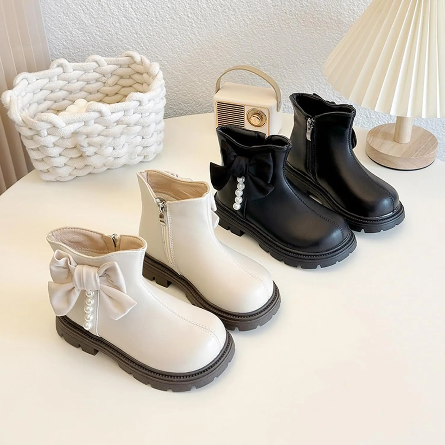 Kids Girls Pearl Bowknot Princess Dress Boots Soft Sole Anti Slip Fashion Cute Birthday Wedding Shoes with Zipper