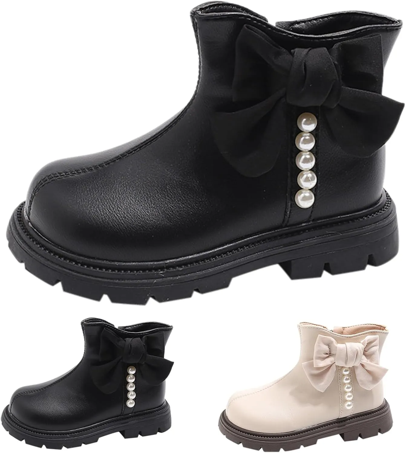 Kids Girls Pearl Bowknot Princess Dress Boots Soft Sole Anti Slip Fashion Cute Birthday Wedding Shoes with Zipper
