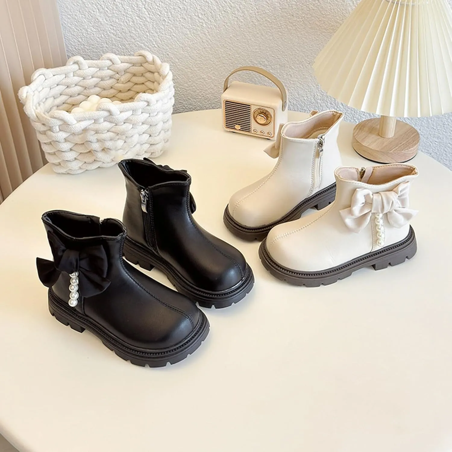 Kids Girls Pearl Bowknot Princess Dress Boots Soft Sole Anti Slip Fashion Cute Birthday Wedding Shoes with Zipper