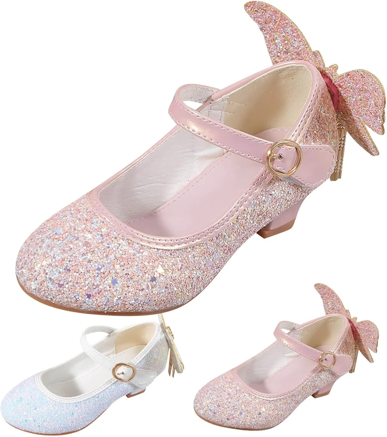 Kids Girls Sparkly Butterfly Mary Jane Wedding Party Shoes Glitter Bridesmaids Low Heels Bunny Shoes for Toddler