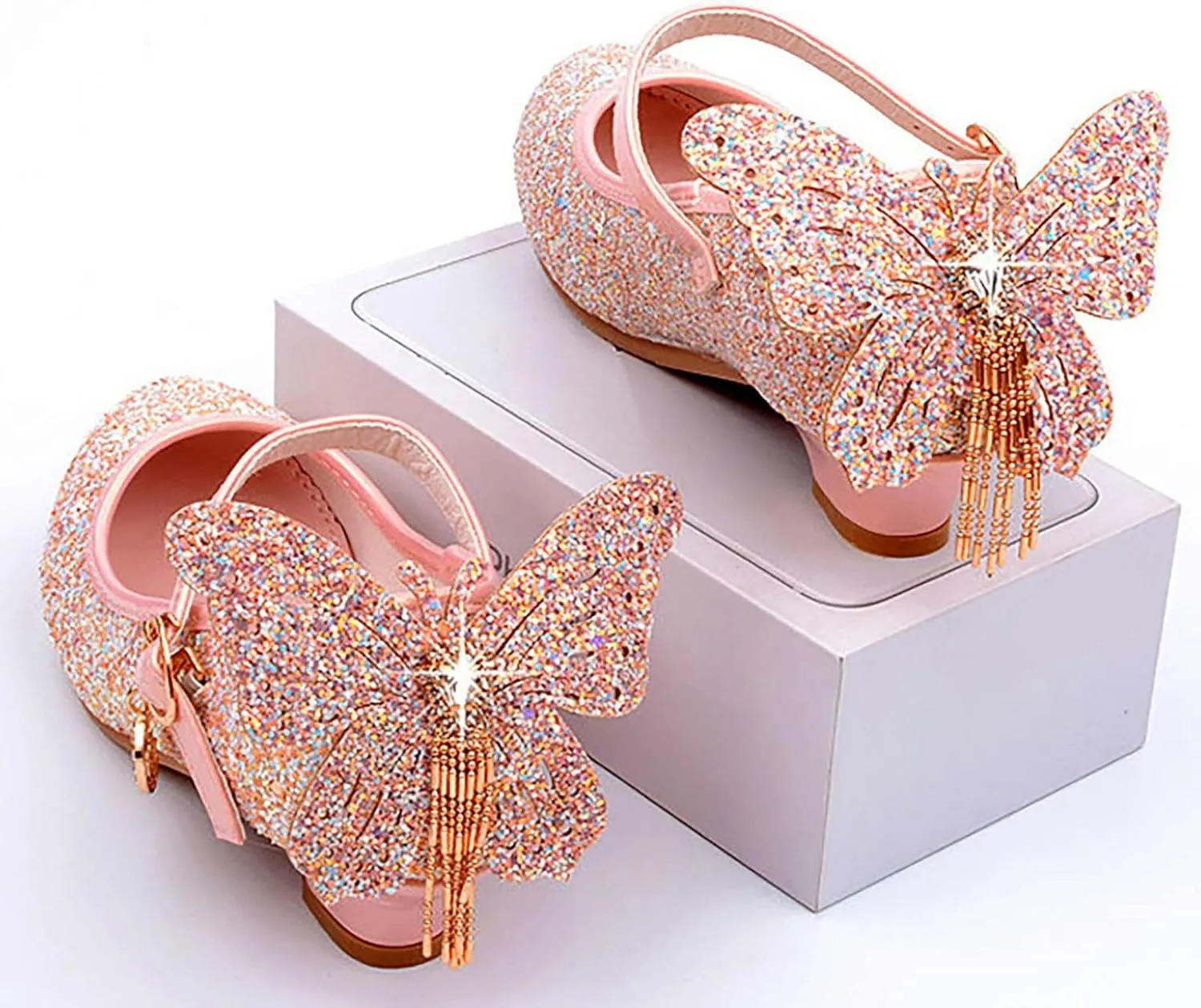 Kids Girls Sparkly Butterfly Mary Jane Wedding Party Shoes Glitter Bridesmaids Low Heels Bunny Shoes for Toddler