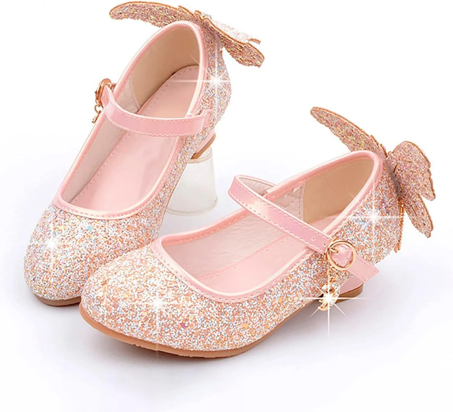 Kids Girls Sparkly Butterfly Mary Jane Wedding Party Shoes Glitter Bridesmaids Low Heels Bunny Shoes for Toddler