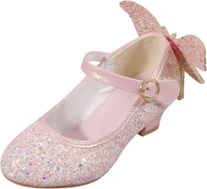 Kids Girls Sparkly Butterfly Mary Jane Wedding Party Shoes Glitter Bridesmaids Low Heels Bunny Shoes for Toddler