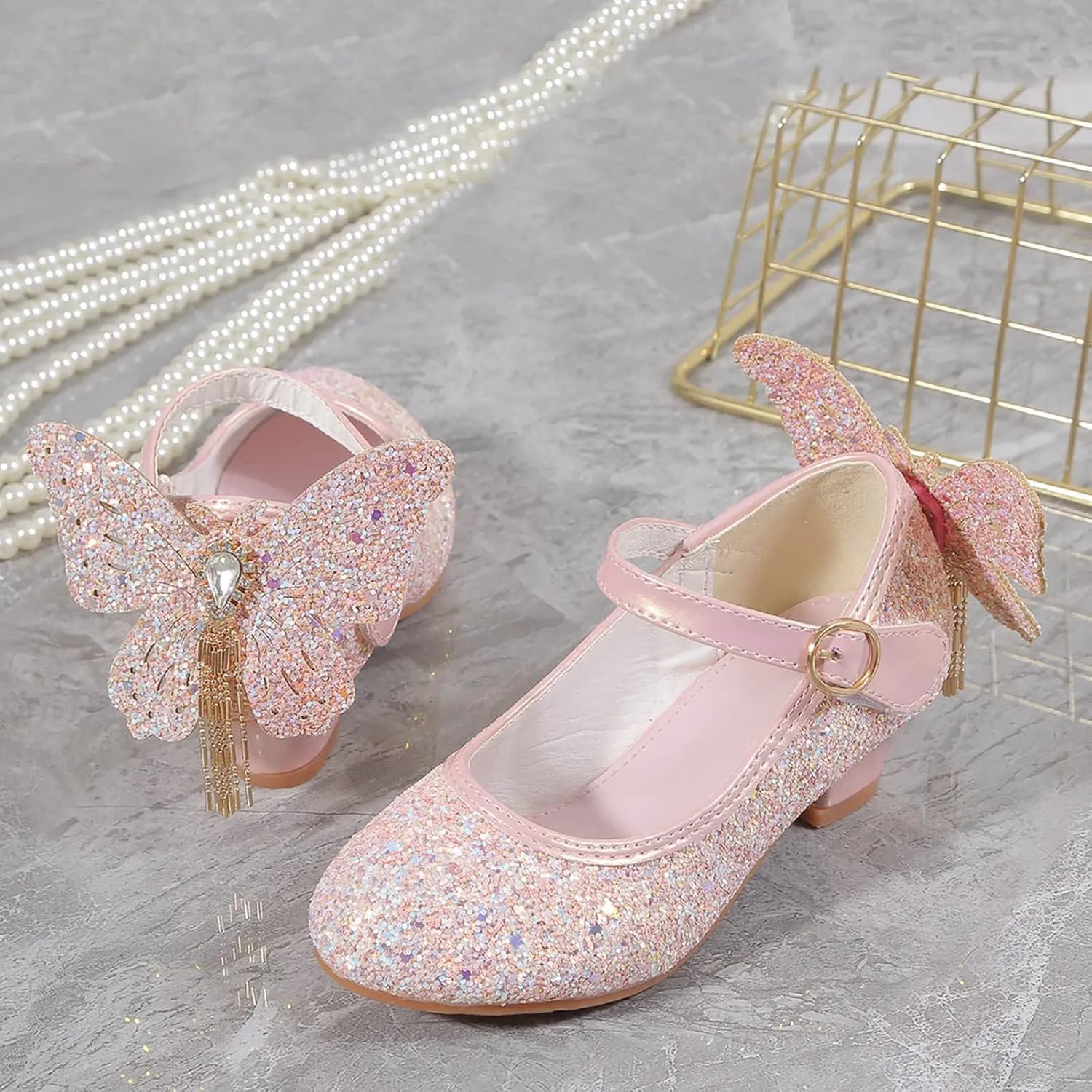 Kids Girls Sparkly Butterfly Mary Jane Wedding Party Shoes Glitter Bridesmaids Low Heels Bunny Shoes for Toddler