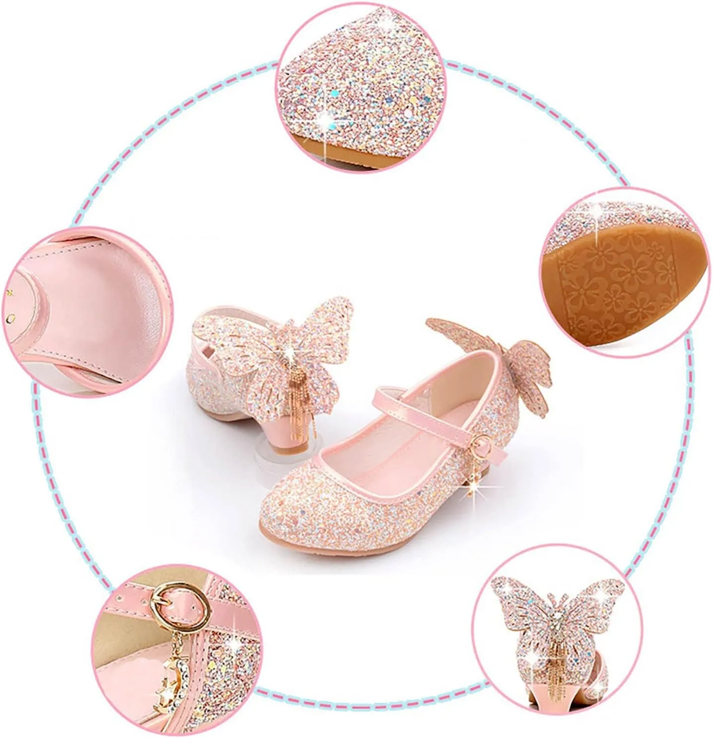 Kids Girls Sparkly Butterfly Mary Jane Wedding Party Shoes Glitter Bridesmaids Low Heels Bunny Shoes for Toddler