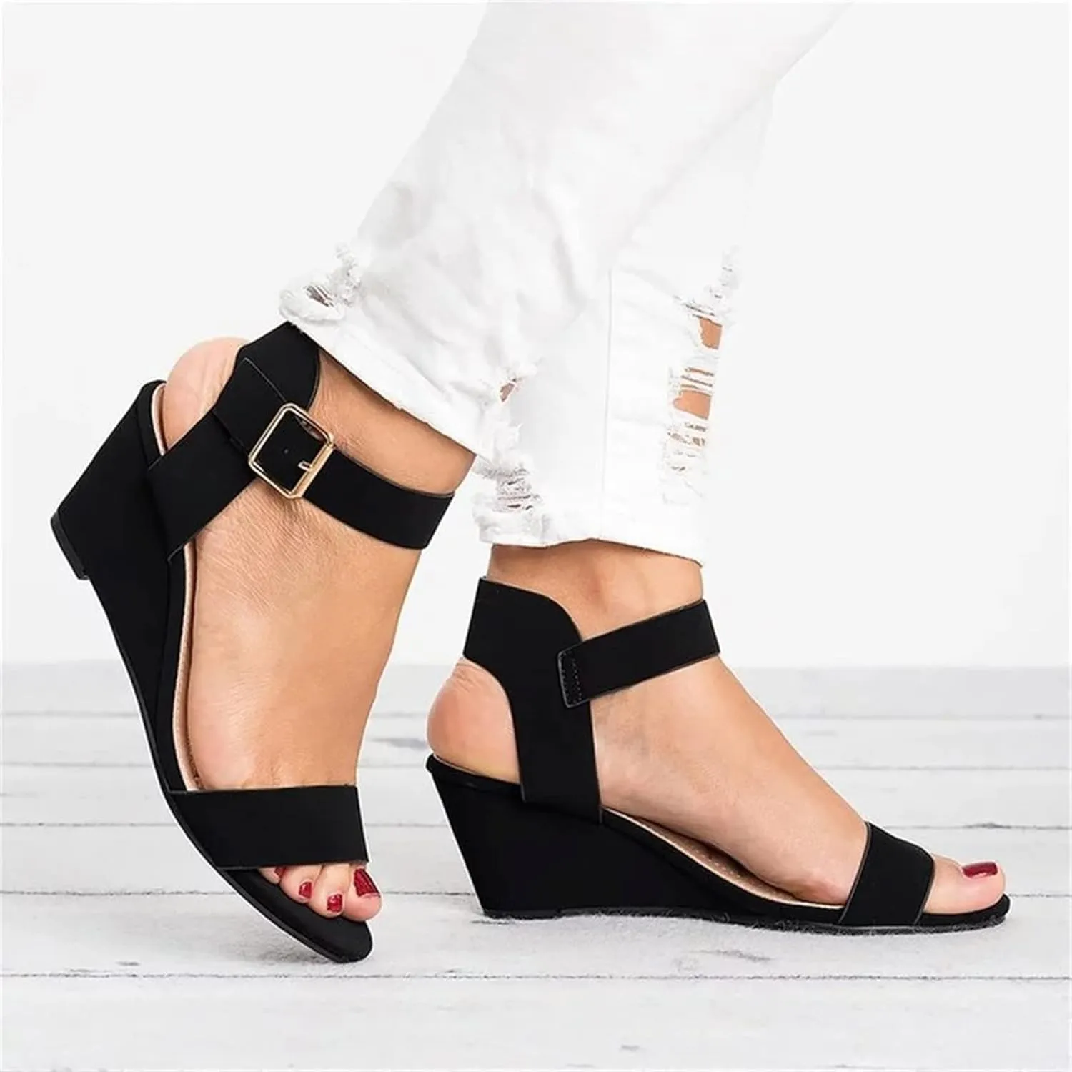 Ladmiple Wedge Sandals for Women Dressy Casual Summer Ankle Strap Open Toe Low Heel Platform Espadrilles Slip on Sandal