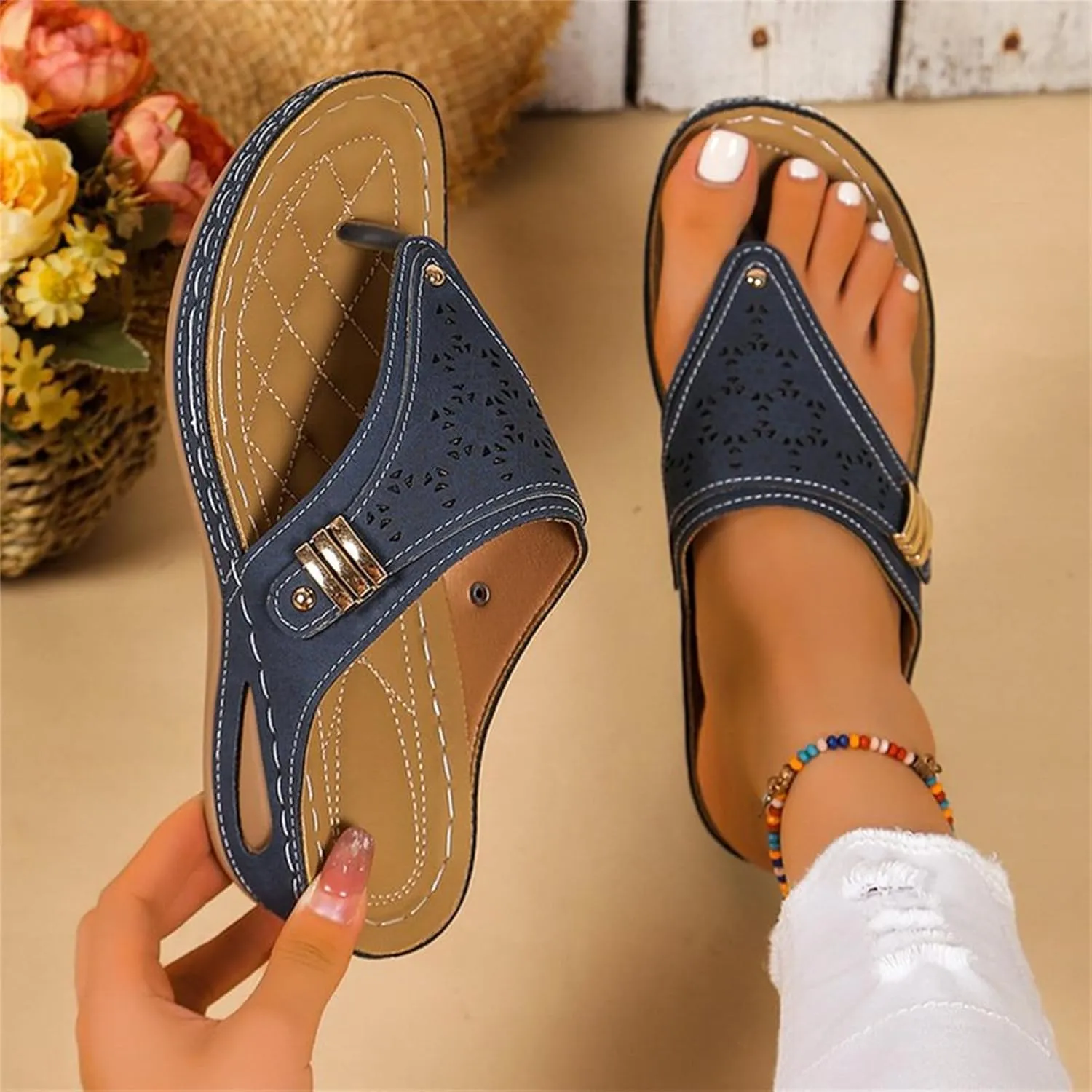 Ladmiple Womens Sandals Comfortable Dressy Arch Support Orthotic Slippers Open Toe Slides Summer Orthopedic Thong Flip Flops