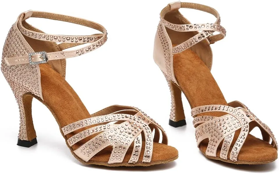 Latin Ballroom Dance Shoes Women Open Toe Rhinestone Salsa Heels Ankle Strap Buckled Bachata Salsa Dancing Sandals,Model YC-L489