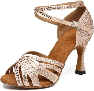 Latin Ballroom Dance Shoes Women Open Toe Rhinestone Salsa Heels Ankle Strap Buckled Bachata Salsa Dancing Sandals,Model YC-L489