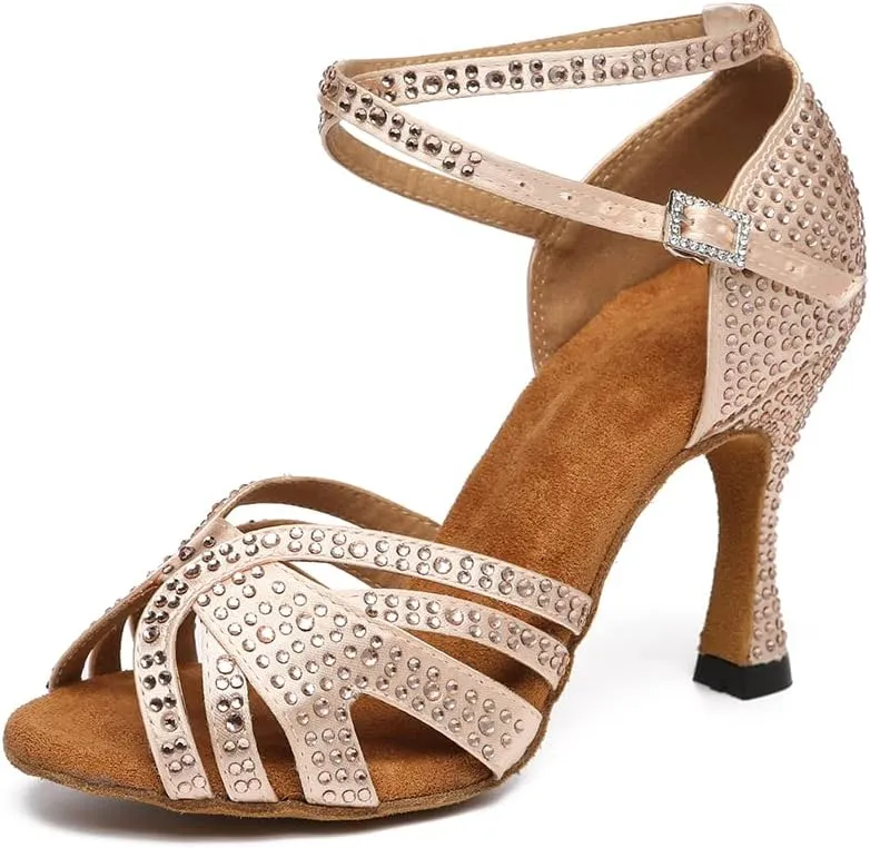 Latin Ballroom Dance Shoes Women Open Toe Rhinestone Salsa Heels Ankle Strap Buckled Bachata Salsa Dancing Sandals,Model YC-L489