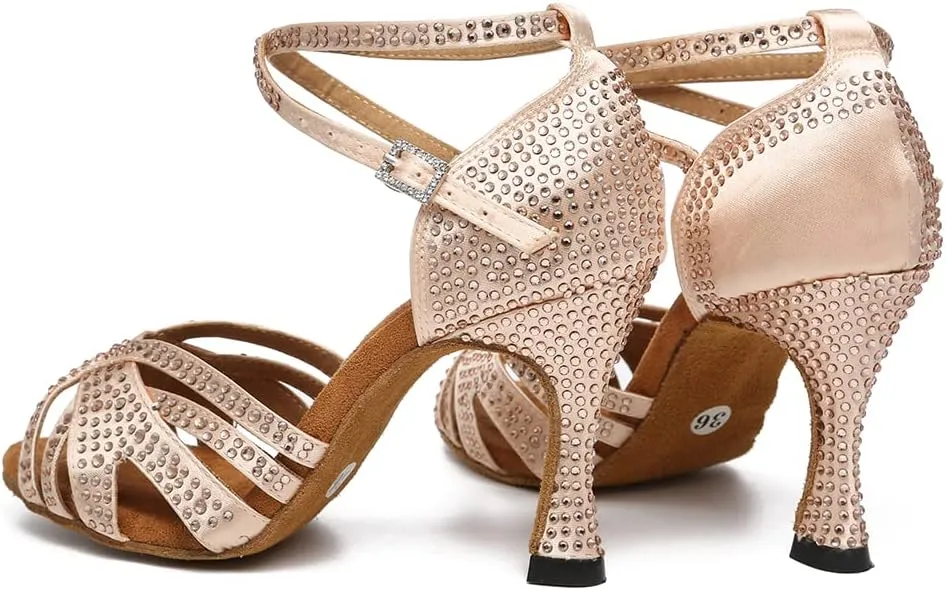Latin Ballroom Dance Shoes Women Open Toe Rhinestone Salsa Heels Ankle Strap Buckled Bachata Salsa Dancing Sandals,Model YC-L489