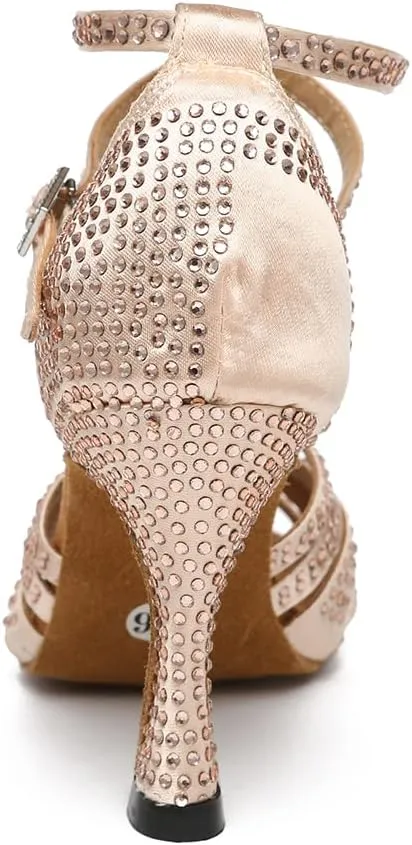 Latin Ballroom Dance Shoes Women Open Toe Rhinestone Salsa Heels Ankle Strap Buckled Bachata Salsa Dancing Sandals,Model YC-L489