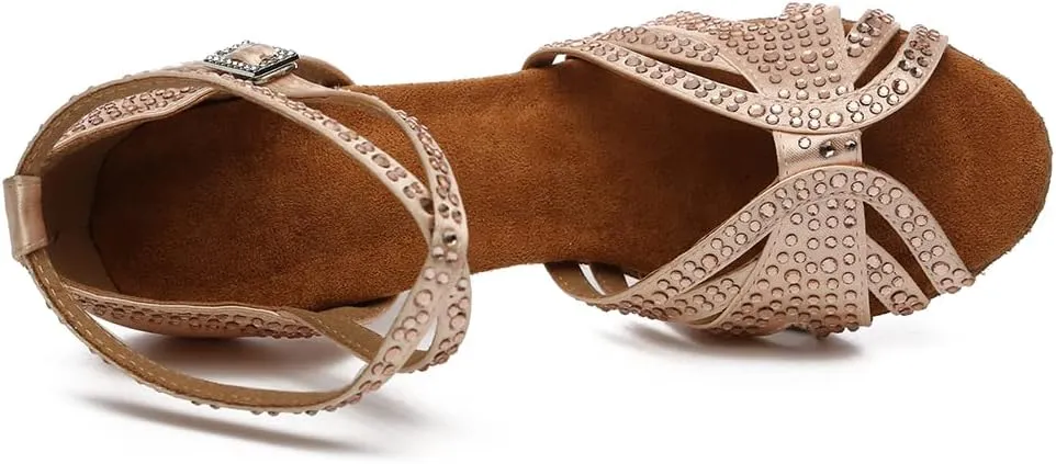 Latin Ballroom Dance Shoes Women Open Toe Rhinestone Salsa Heels Ankle Strap Buckled Bachata Salsa Dancing Sandals,Model YC-L489
