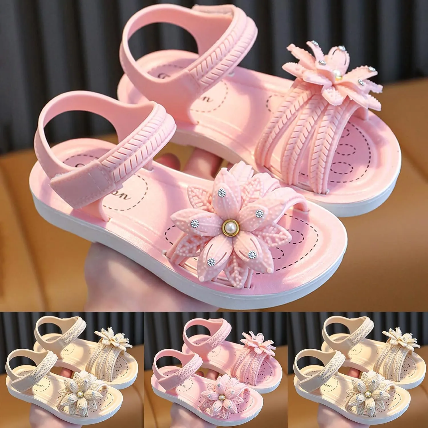 Little Girls Sandals Soft Sole Non Slip Comfortable Open Toe Flat Sandals with Flower Princess Bridesmaid Slides