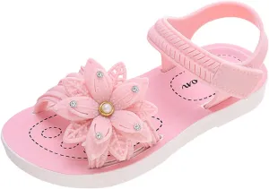 Little Girls Sandals Soft Sole Non Slip Comfortable Open Toe Flat Sandals with Flower Princess Bridesmaid Slides