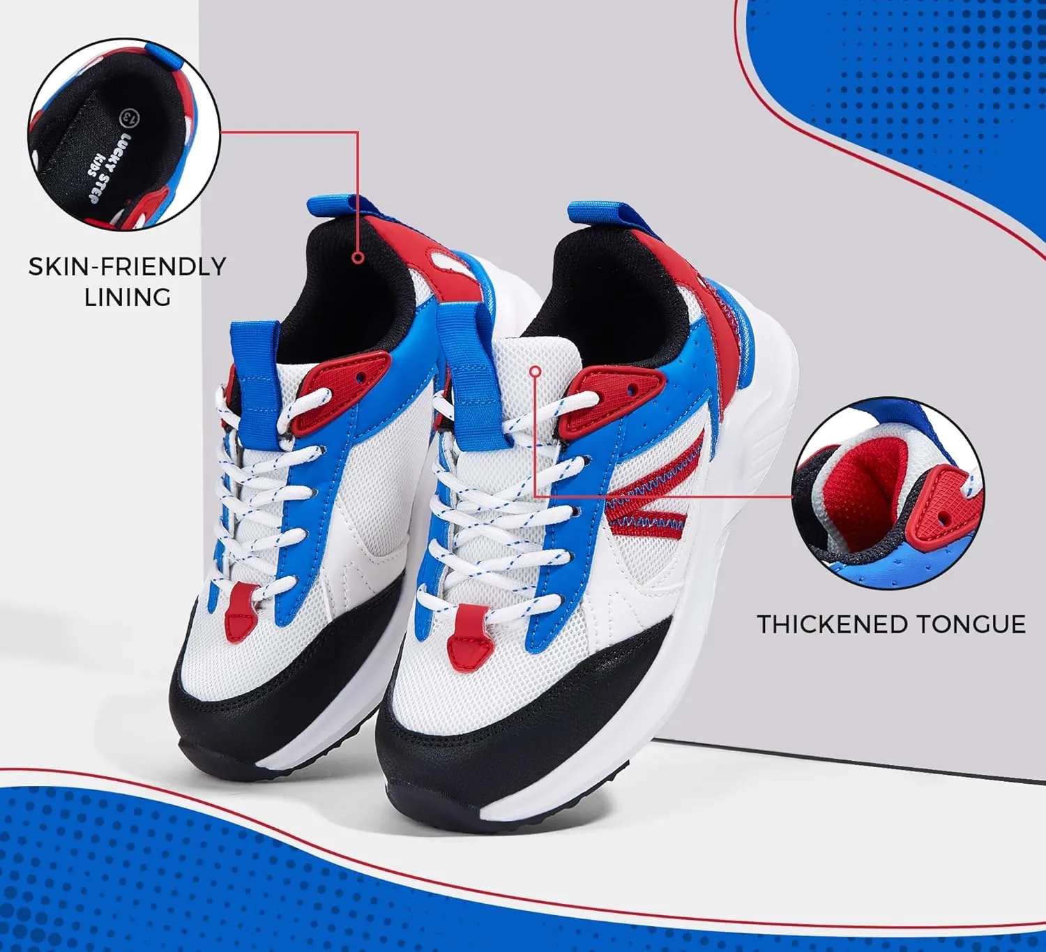 LUCKY STEP Kids Fashion Sneakers for Boys Girls Tennis Casual Athletic Running Shoes Breathable Lace-up Cushioned Trainers Walking Footwear Toddler