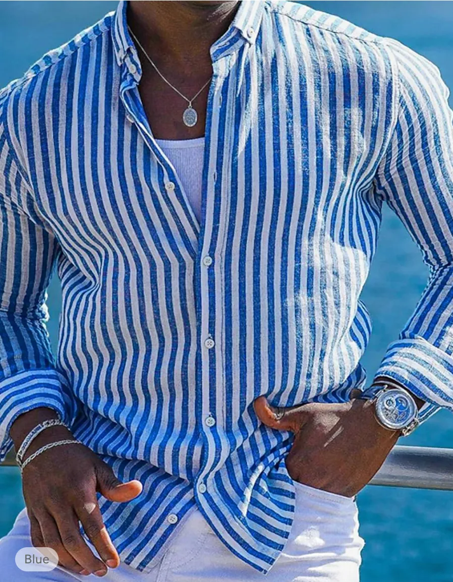 Mens Button-Up Shirt - Long Sleeve - Striped - Lightweight Collared Casual Wear