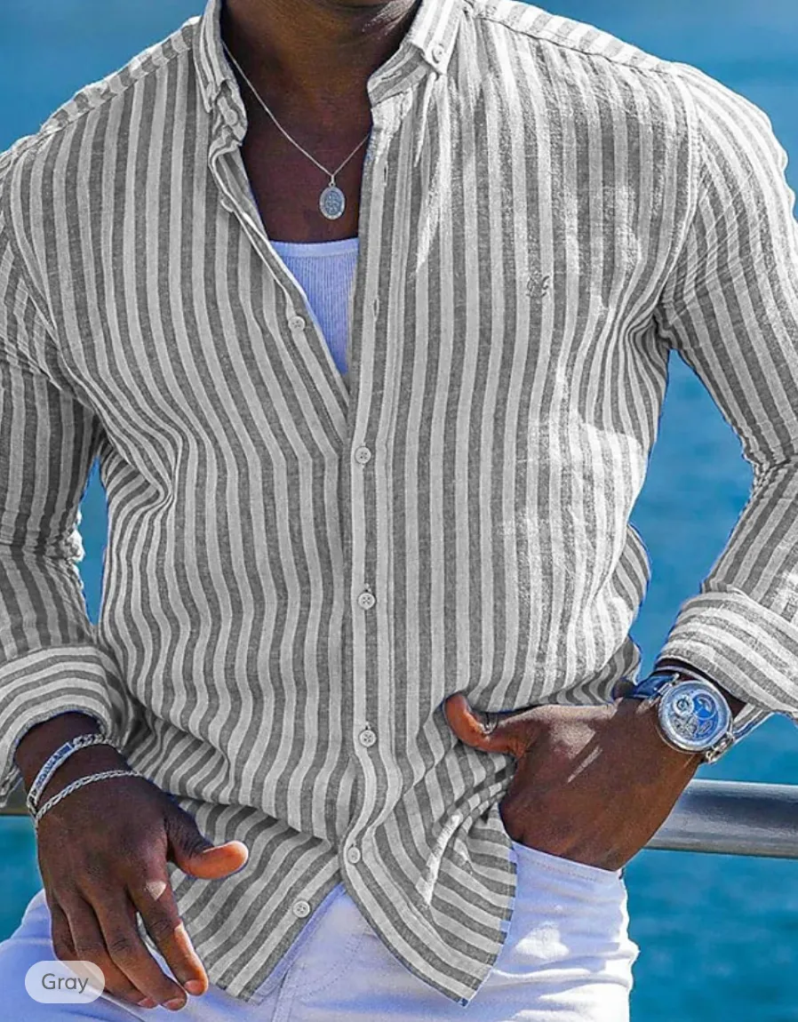 Mens Button-Up Shirt - Long Sleeve - Striped - Lightweight Collared Casual Wear