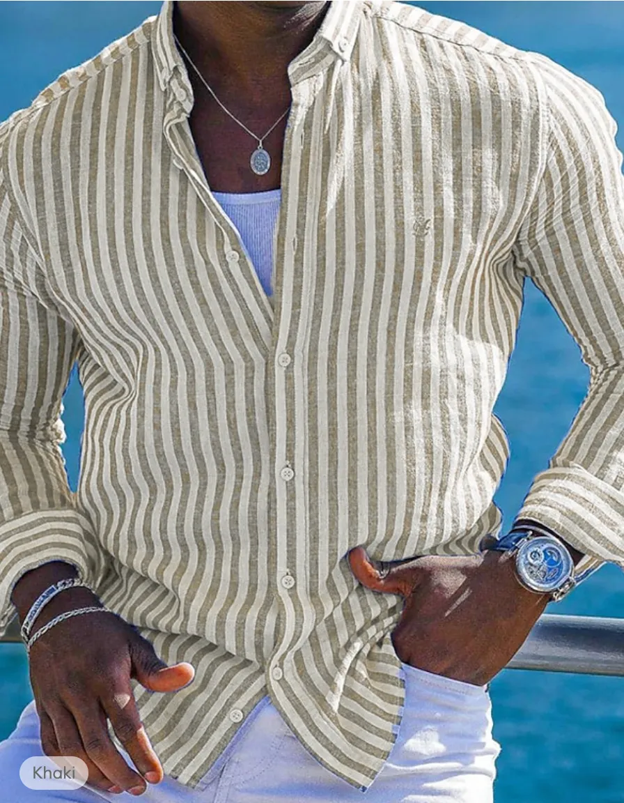 Mens Button-Up Shirt - Long Sleeve - Striped - Lightweight Collared Casual Wear