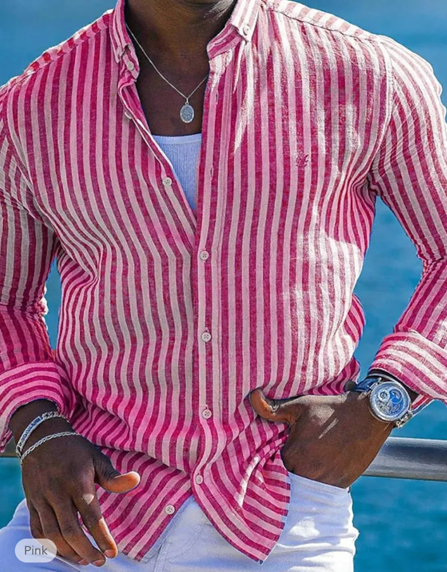 Mens Button-Up Shirt - Long Sleeve - Striped - Lightweight Collared Casual Wear
