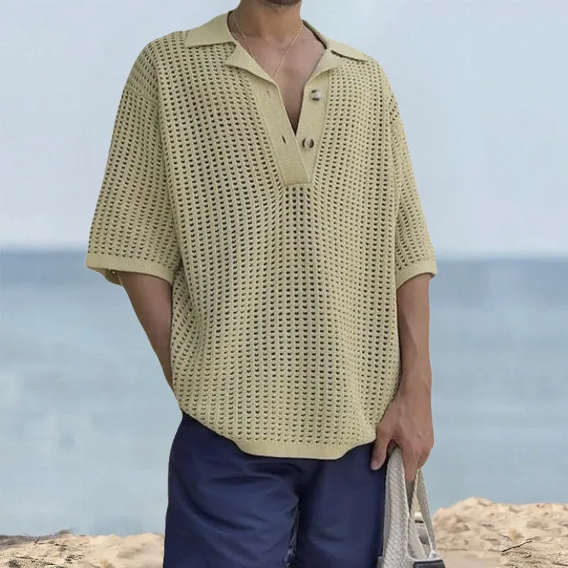 Mens Knit Sweater  Open Knit  Oversized Fit  Notched Lapel  Short Sleeve
