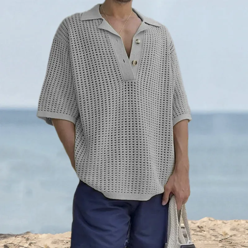 Mens Knit Sweater  Open Knit  Oversized Fit  Notched Lapel  Short Sleeve