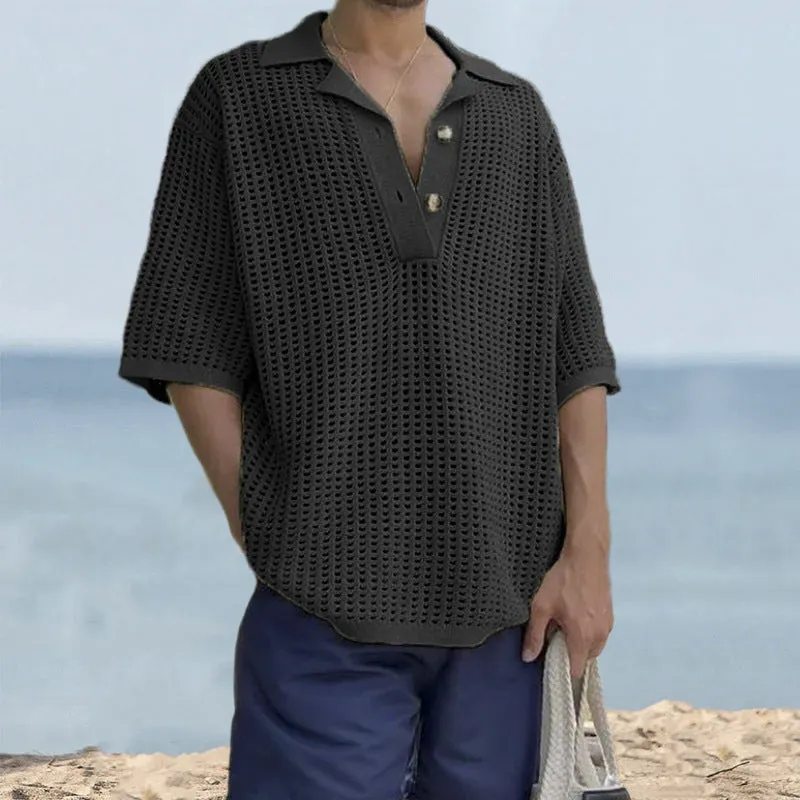 Mens Knit Sweater  Open Knit  Oversized Fit  Notched Lapel  Short Sleeve