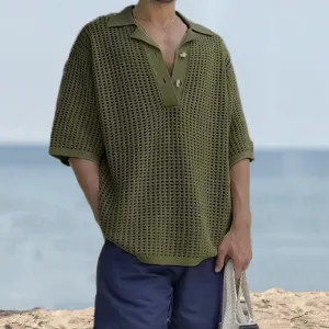 Mens Knit Sweater  Open Knit  Oversized Fit  Notched Lapel  Short Sleeve