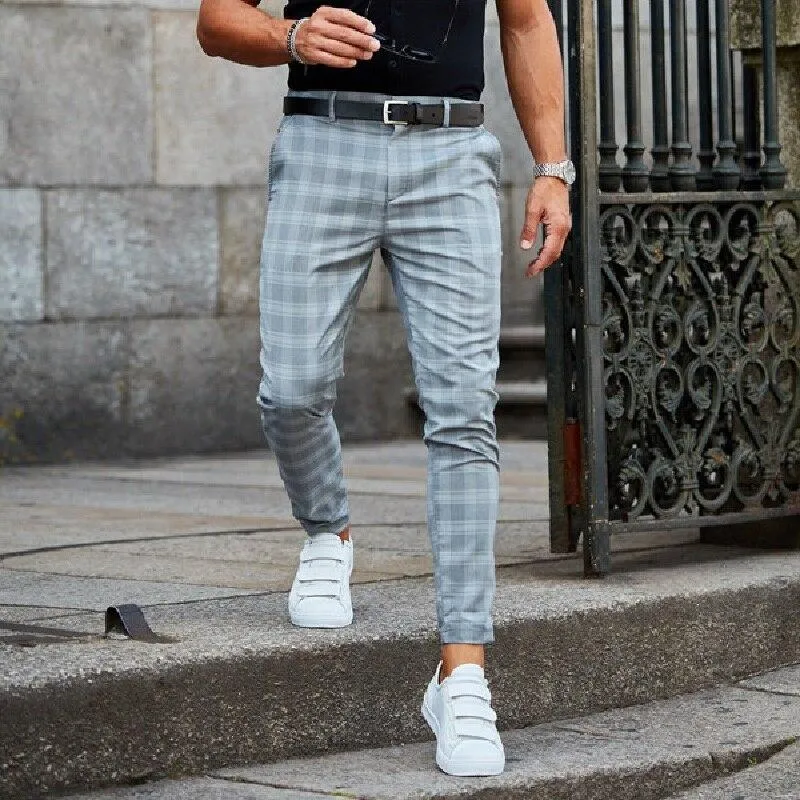 Mens Plaid Pants - Slim Fit - Lightweight Woven Fabric - Cropped Hem - Belt Loops
