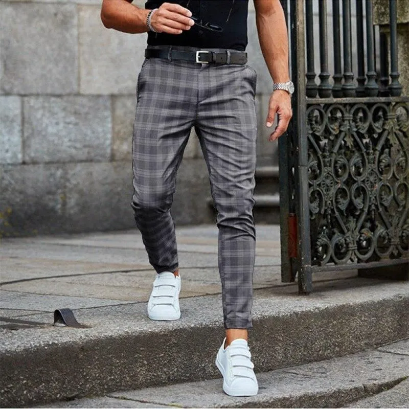 Mens Plaid Pants - Slim Fit - Lightweight Woven Fabric - Cropped Hem - Belt Loops