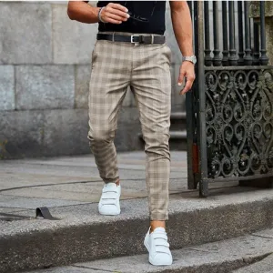 Mens Plaid Pants - Slim Fit - Lightweight Woven Fabric - Cropped Hem - Belt Loops