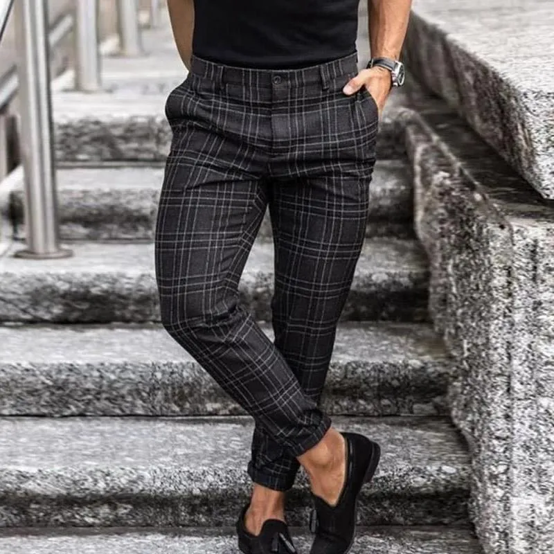Mens Plaid Pants - Slim Fit - Lightweight Woven Fabric - Cropped Hem - Belt Loops