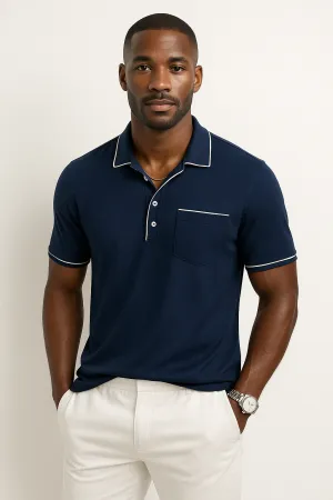 Mens Polo Shirt  Piqu Knit  Regular Fit  Chest Pocket  Contrast Piping Trim