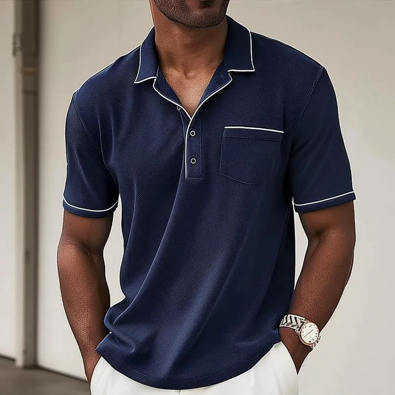 Mens Polo Shirt  Piqu Knit  Regular Fit  Chest Pocket  Contrast Piping Trim