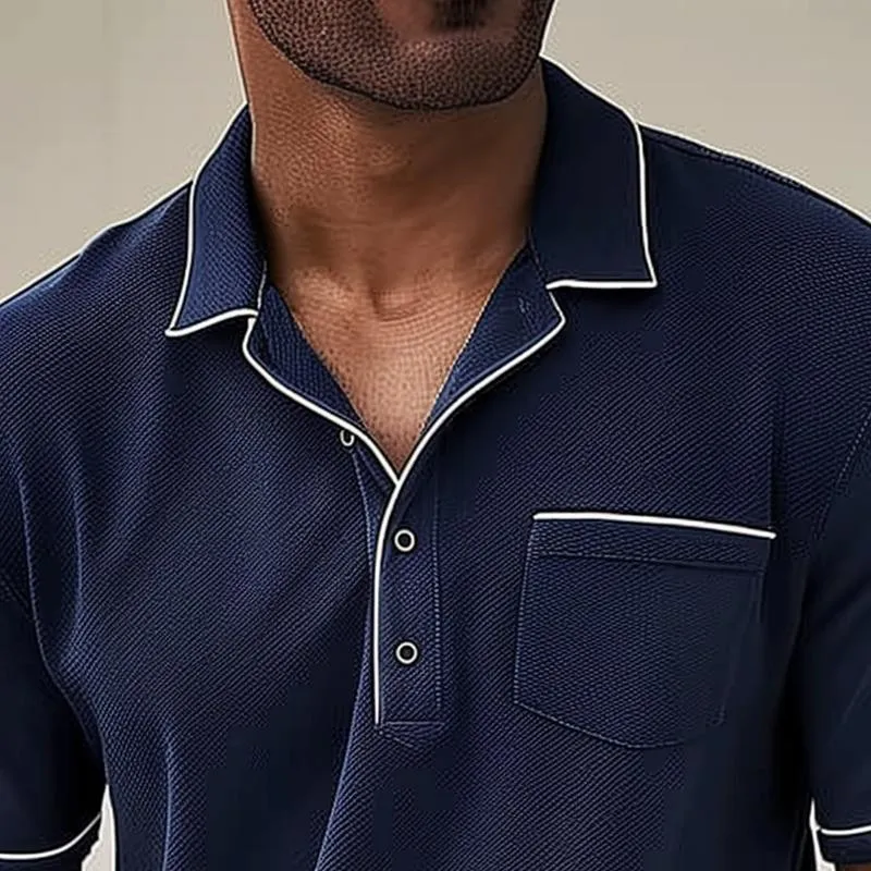 Mens Polo Shirt  Piqu Knit  Regular Fit  Chest Pocket  Contrast Piping Trim