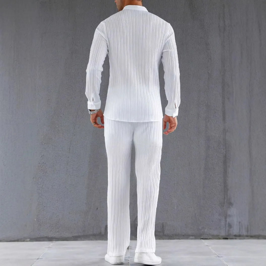 Mens Shirt and Pants Set  Slim Fit  Ribbed Texture  Lightweight Breathable Fabric