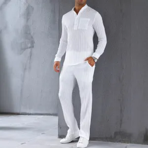 Mens Shirt and Pants Set  Slim Fit  Ribbed Texture  Lightweight Breathable Fabric