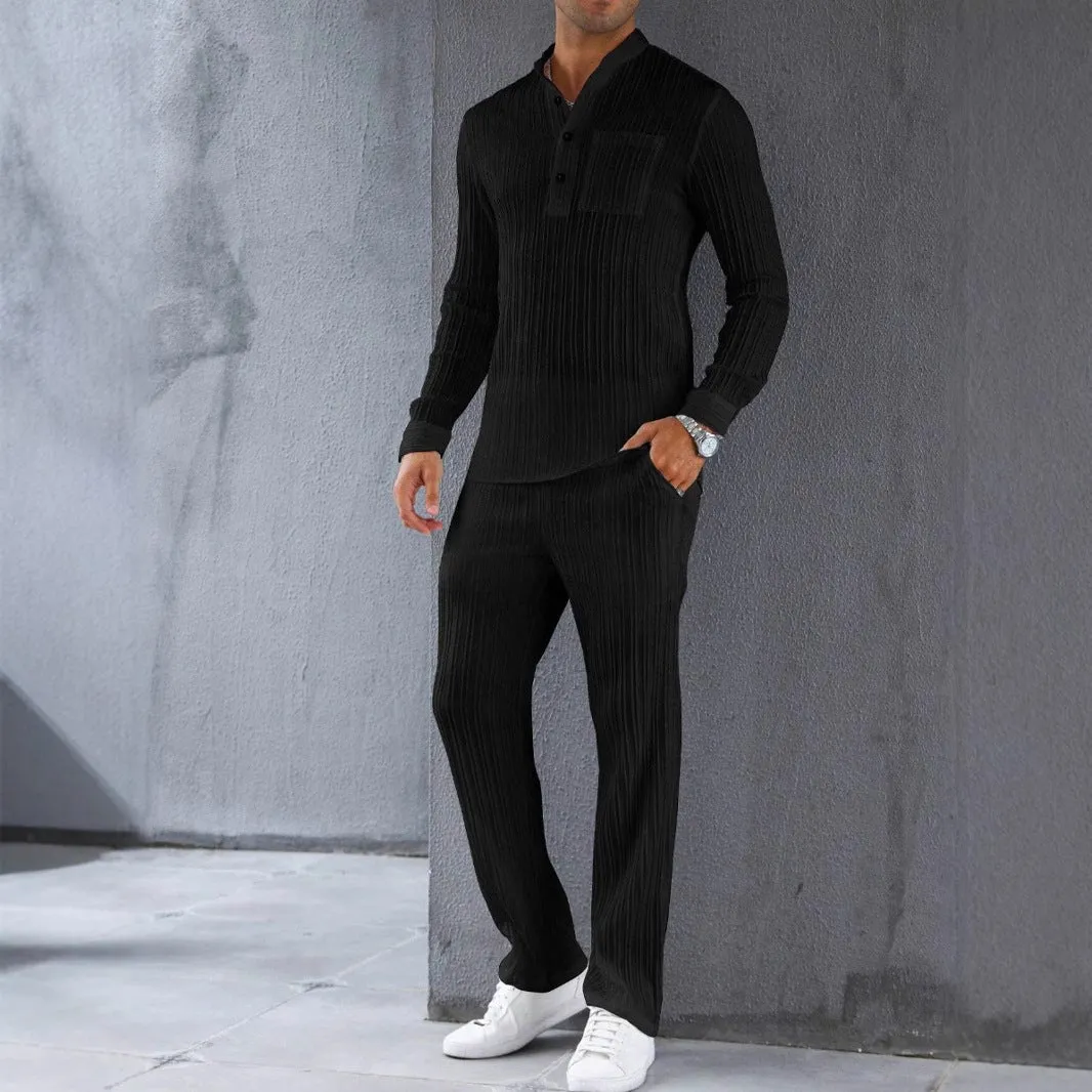 Mens Shirt and Pants Set  Slim Fit  Ribbed Texture  Lightweight Breathable Fabric