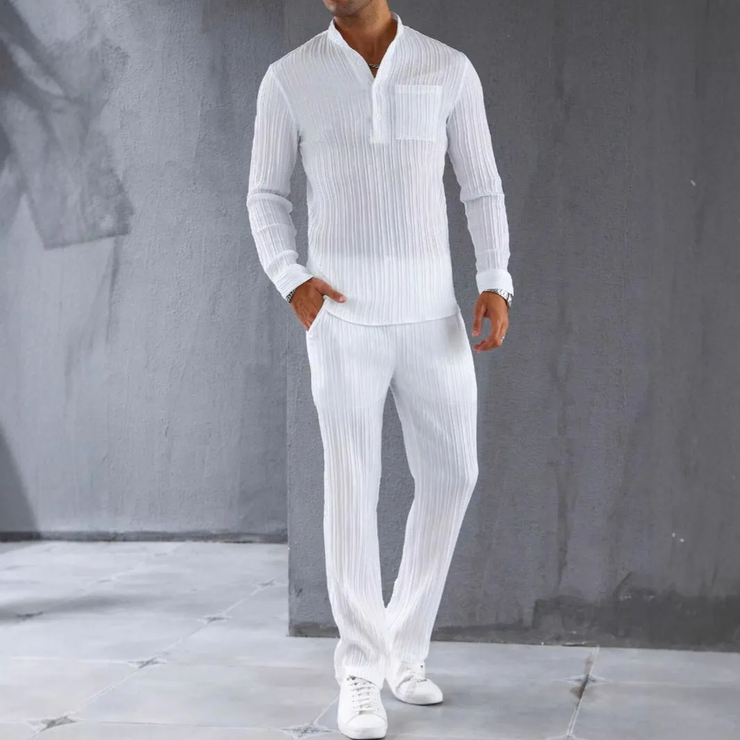 Mens Shirt and Pants Set  Slim Fit  Ribbed Texture  Lightweight Breathable Fabric