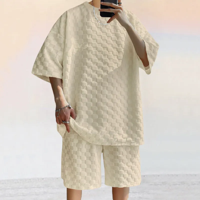 Mens Shirt and Shorts Set  Jacquard Knit  Loose Fit  Check Pattern  Casual Wear