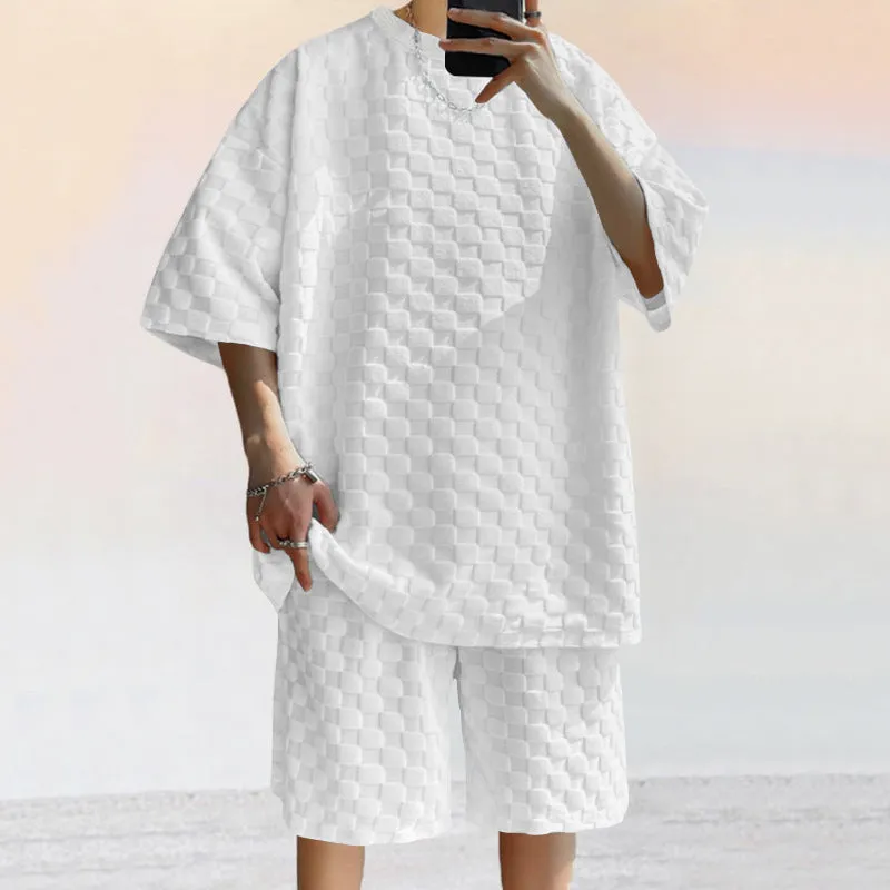 Mens Shirt and Shorts Set  Jacquard Knit  Loose Fit  Check Pattern  Casual Wear
