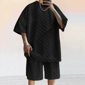 Mens Shirt and Shorts Set  Jacquard Knit  Loose Fit  Check Pattern  Casual Wear