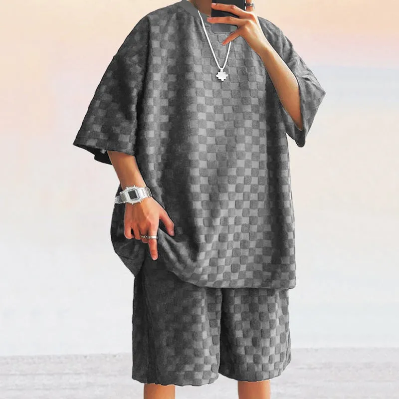 Mens Shirt and Shorts Set  Jacquard Knit  Loose Fit  Check Pattern  Casual Wear
