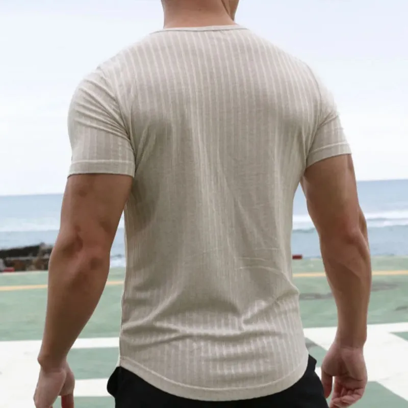 Mens T-Shirt  Slim Fit  Cotton Blend  Crew Neck  Short Sleeve  Striped Casual Wear